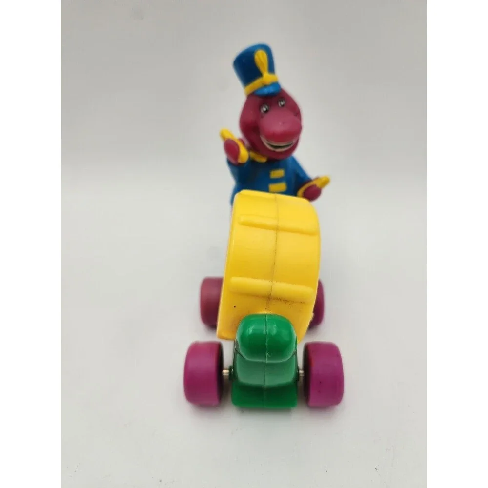 Vtg‎ Barney The Dinosaur Drum band Rolling Clicking Cart Toy 1997 Lyons